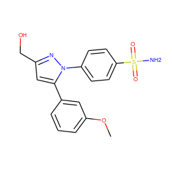 COc1cccc(-c2cc(CO)nn2-c2ccc(S(N)(=O)=O)cc2)c1 ZINC000095590187