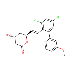 COc1cccc(-c2cc(Cl)cc(Cl)c2/C=C/[C@@H]2C[C@@H](O)CC(=O)O2)c1 ZINC000029483699