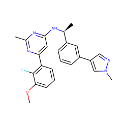 COc1cccc(-c2cc(N[C@@H](C)c3cccc(-c4cnn(C)c4)c3)nc(C)n2)c1F ZINC000205841615