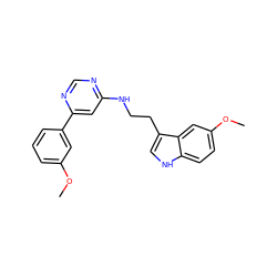 COc1cccc(-c2cc(NCCc3c[nH]c4ccc(OC)cc34)ncn2)c1 ZINC000004239286