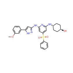 COc1cccc(-c2cc(Nc3cc(S(=O)(=O)c4ccccc4)cc(N[C@H]4CC[C@H](O)CC4)n3)n[nH]2)c1 ZINC000299832582