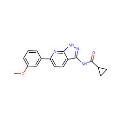 COc1cccc(-c2ccc3c(NC(=O)C4CC4)n[nH]c3n2)c1 ZINC000003817135