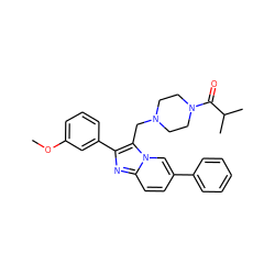 COc1cccc(-c2nc3ccc(-c4ccccc4)cn3c2CN2CCN(C(=O)C(C)C)CC2)c1 ZINC000037384740