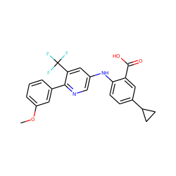 COc1cccc(-c2ncc(Nc3ccc(C4CC4)cc3C(=O)O)cc2C(F)(F)F)c1 ZINC000113898355