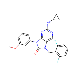 COc1cccc(-n2c(=O)n(Cc3c(F)cccc3F)c3cnc(NC4CC4)nc32)c1 ZINC000034983100