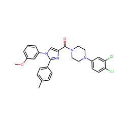 COc1cccc(-n2cc(C(=O)N3CCN(c4ccc(Cl)c(Cl)c4)CC3)nc2-c2ccc(C)cc2)c1 ZINC000040918732