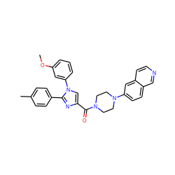 COc1cccc(-n2cc(C(=O)N3CCN(c4ccc5cnccc5c4)CC3)nc2-c2ccc(C)cc2)c1 ZINC000040917932