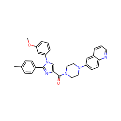 COc1cccc(-n2cc(C(=O)N3CCN(c4ccc5ncccc5c4)CC3)nc2-c2ccc(C)cc2)c1 ZINC000040401999