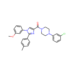 COc1cccc(-n2cc(C(=O)N3CCN(c4cccc(Cl)c4)CC3)nc2-c2ccc(C)cc2)c1 ZINC000040408731