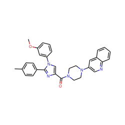 COc1cccc(-n2cc(C(=O)N3CCN(c4cnc5ccccc5c4)CC3)nc2-c2ccc(C)cc2)c1 ZINC000040934383