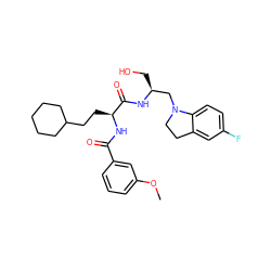 COc1cccc(C(=O)N[C@@H](CCC2CCCCC2)C(=O)N[C@@H](CO)CN2CCc3cc(F)ccc32)c1 ZINC000014971522