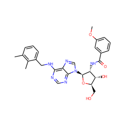 COc1cccc(C(=O)N[C@@H]2[C@H](O)[C@@H](CO)O[C@H]2n2cnc3c(NCc4cccc(C)c4C)ncnc32)c1 ZINC000143263032