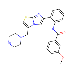 COc1cccc(C(=O)Nc2ccccc2-c2cn3c(CN4CCNCC4)csc3n2)c1 ZINC000045498676