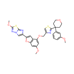 COc1cccc(C2(c3nc(COc4cc(OC)cc5oc(-c6cn7nc(OC)sc7n6)cc45)cs3)CCOCC2)c1 ZINC000205663656