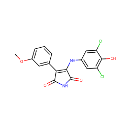 COc1cccc(C2=C(Nc3cc(Cl)c(O)c(Cl)c3)C(=O)NC2=O)c1 ZINC000014946010