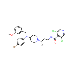 COc1cccc(CN(c2ccc(Br)cc2)C2CCN([C@@H](C)CCNC(=O)c3c(Cl)cncc3Cl)CC2)c1 ZINC000082157451