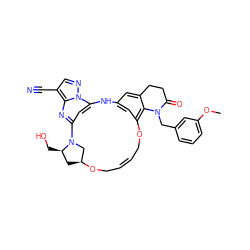 COc1cccc(CN2C(=O)CCc3cc4cc(c32)OC/C=C/CO[C@H]2C[C@@H](CO)N(C2)c2cc(n3ncc(C#N)c3n2)N4)c1 ZINC001772580658