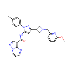 COc1cccc(CN2CC(c3cc(NC(=O)c4cnn5cccnc45)n(-c4ccc(C)cc4)n3)C2)n1 ZINC000145889929