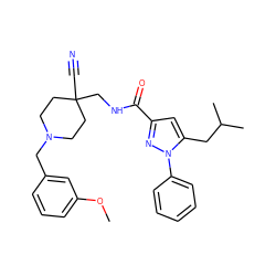 COc1cccc(CN2CCC(C#N)(CNC(=O)c3cc(CC(C)C)n(-c4ccccc4)n3)CC2)c1 ZINC000072123419