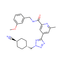 COc1cccc(CNC(=O)c2cc(-c3nnn(C[C@H]4CC[C@H](C#N)CC4)n3)cc(C)n2)c1 ZINC000653708668