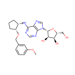 COc1cccc(CO[C@@H]2CCC[C@@H]2Nc2ncnc3c2ncn3[C@@H]2O[C@H](CO)[C@@H](O)[C@H]2O)c1 ZINC000096169105