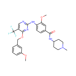 COc1cccc(COc2nc(Nc3ccc(C(=O)NC4CCN(C)CC4)cc3OC)ncc2C(F)(F)F)c1 ZINC000138508333