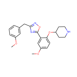 COc1cccc(Cc2noc(-c3cc(OC)ccc3OC3CCNCC3)n2)c1 ZINC000225196953