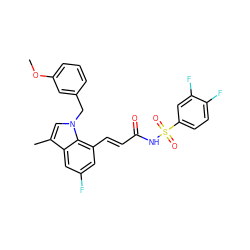 COc1cccc(Cn2cc(C)c3cc(F)cc(/C=C/C(=O)NS(=O)(=O)c4ccc(F)c(F)c4)c32)c1 ZINC000045318219