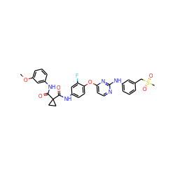 COc1cccc(NC(=O)C2(C(=O)Nc3ccc(Oc4ccnc(Nc5cccc(CS(C)(=O)=O)c5)n4)c(F)c3)CC2)c1 ZINC000169349443