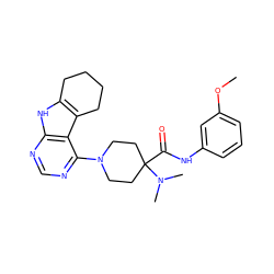 COc1cccc(NC(=O)C2(N(C)C)CCN(c3ncnc4[nH]c5c(c34)CCCC5)CC2)c1 ZINC000653841636