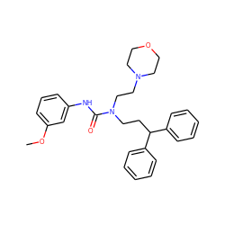 COc1cccc(NC(=O)N(CCC(c2ccccc2)c2ccccc2)CCN2CCOCC2)c1 ZINC000095604440