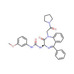 COc1cccc(NC(=O)N[C@@H]2N=C(c3ccccc3)c3ccccc3N(CC(=O)N3CCCC3)C2=O)c1 ZINC000013732665