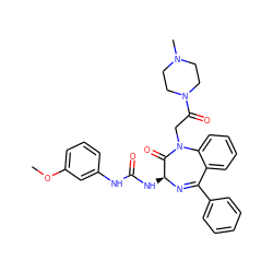 COc1cccc(NC(=O)N[C@@H]2N=C(c3ccccc3)c3ccccc3N(CC(=O)N3CCN(C)CC3)C2=O)c1 ZINC000027431187