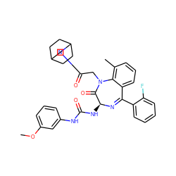 COc1cccc(NC(=O)N[C@@H]2N=C(c3ccccc3F)c3cccc(C)c3N(CC(=O)N3CC4CCC(CC4)C3)C2=O)c1 ZINC000029417399