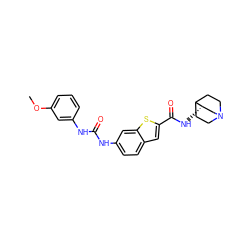 COc1cccc(NC(=O)Nc2ccc3cc(C(=O)N[C@H]4CN5CCC4CC5)sc3c2)c1 ZINC000003938429