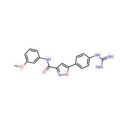 COc1cccc(NC(=O)c2cc(-c3ccc(NC(=N)N)cc3)on2)c1 ZINC000169326476