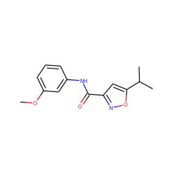 COc1cccc(NC(=O)c2cc(C(C)C)on2)c1 ZINC000082325773