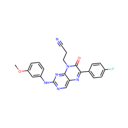 COc1cccc(Nc2ncc3nc(-c4ccc(F)cc4)c(=O)n(CCC#N)c3n2)c1 ZINC000004238413