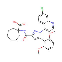 COc1cccc(OC)c1-c1cc(C(=O)NC2(C(=O)O)CCCCCC2)nn1-c1ccnc2cc(Cl)ccc12 ZINC000169352857