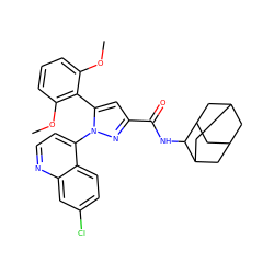 COc1cccc(OC)c1-c1cc(C(=O)NC2C3CC4CC(C3)CC2C4)nn1-c1ccnc2cc(Cl)ccc12 ZINC000169352850