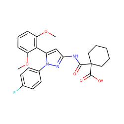 COc1cccc(OC)c1-c1cc(NC(=O)C2(C(=O)O)CCCCC2)nn1-c1ccc(F)cc1 ZINC000299869163