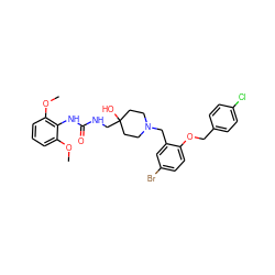 COc1cccc(OC)c1NC(=O)NCC1(O)CCN(Cc2cc(Br)ccc2OCc2ccc(Cl)cc2)CC1 ZINC000028822150