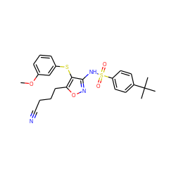 COc1cccc(Sc2c(NS(=O)(=O)c3ccc(C(C)(C)C)cc3)noc2CCCC#N)c1 ZINC000029489642