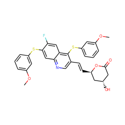 COc1cccc(Sc2cc3ncc(/C=C/[C@@H]4C[C@@H](O)CC(=O)O4)c(Sc4cccc(OC)c4)c3cc2F)c1 ZINC000028876043