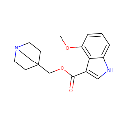 COc1cccc2[nH]cc(C(=O)OCC34CCN(CC3)CC4)c12 ZINC001772630910