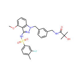 COc1cccc2c1c(NS(=O)(=O)c1ccc(C)c(F)c1)nn2Cc1cccc(CNC(=O)C(C)(C)O)c1 ZINC000095583224