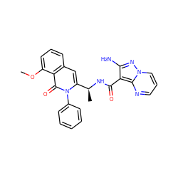 COc1cccc2cc([C@H](C)NC(=O)c3c(N)nn4cccnc34)n(-c3ccccc3)c(=O)c12 ZINC000219870149