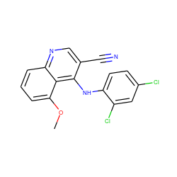 COc1cccc2ncc(C#N)c(Nc3ccc(Cl)cc3Cl)c12 ZINC000013862196