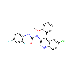 COc1ccccc1-c1c(NC(=O)Nc2ccc(F)cc2F)cnc2ccc(Cl)cc12 ZINC000013737639