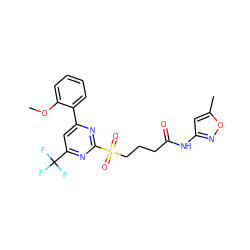 COc1ccccc1-c1cc(C(F)(F)F)nc(S(=O)(=O)CCCC(=O)Nc2cc(C)on2)n1 ZINC000003655060